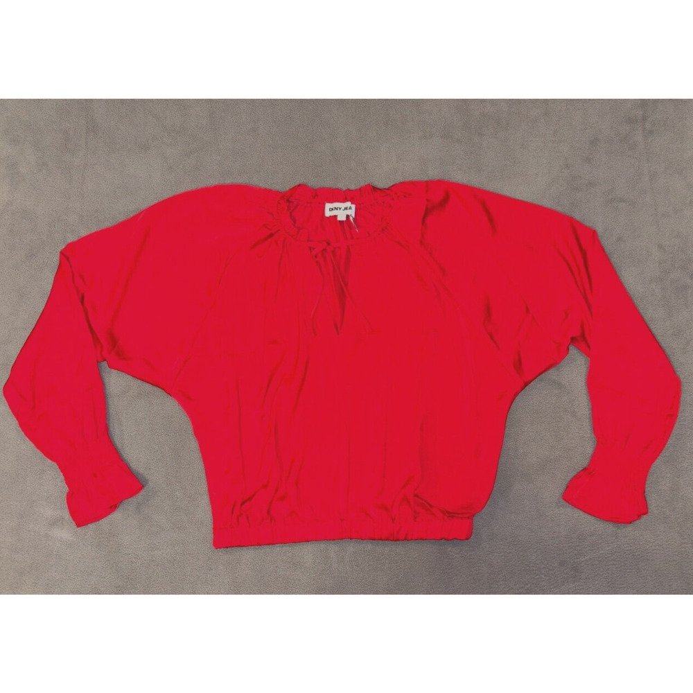 DKNY Embellished Puff Sleeve Red Light V Neck Blouse Women's Size Small DJ4W2003